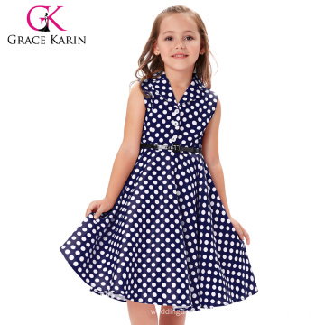 Grace Karin Kids &#39;Holly&#39; Vintage 50&#39;s Dress Girls Retro Vintage sans manches Lapel Collar Navy Polka Dots Robe CL009000-2